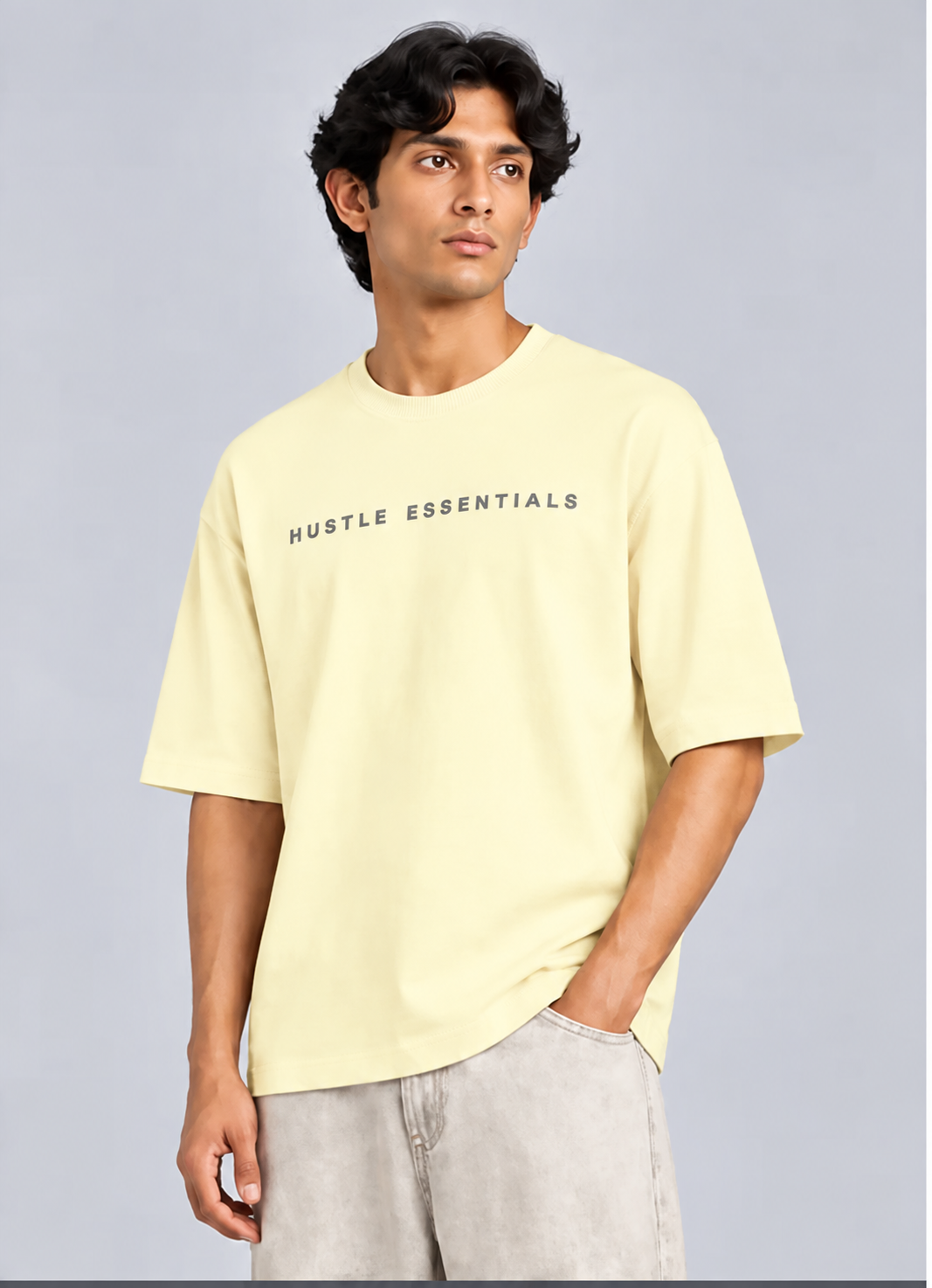 HUSTLE Men's Crew Neck Oversized Tees - Cream