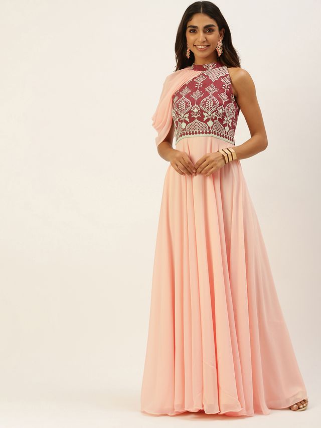 Bollywood Vogue Ready To Wear Peach N Mauve Halter Neck Gown