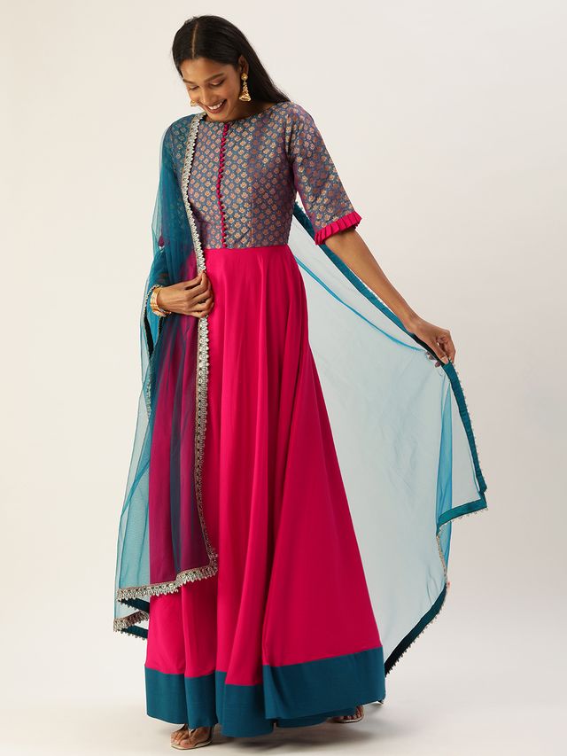 Bollywood Vogue Ready To Wear Blue Jacquard Art Silk Anarkali Suit