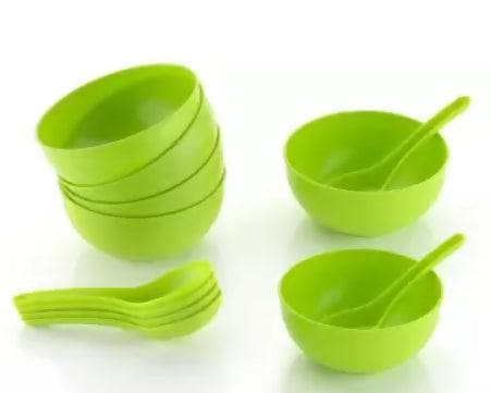 Plastic Soup Bowl Gourmet Round Shape Set-6Pcs with 6 Spoons(500ml ,Pack of 12, Green) - HalfPe