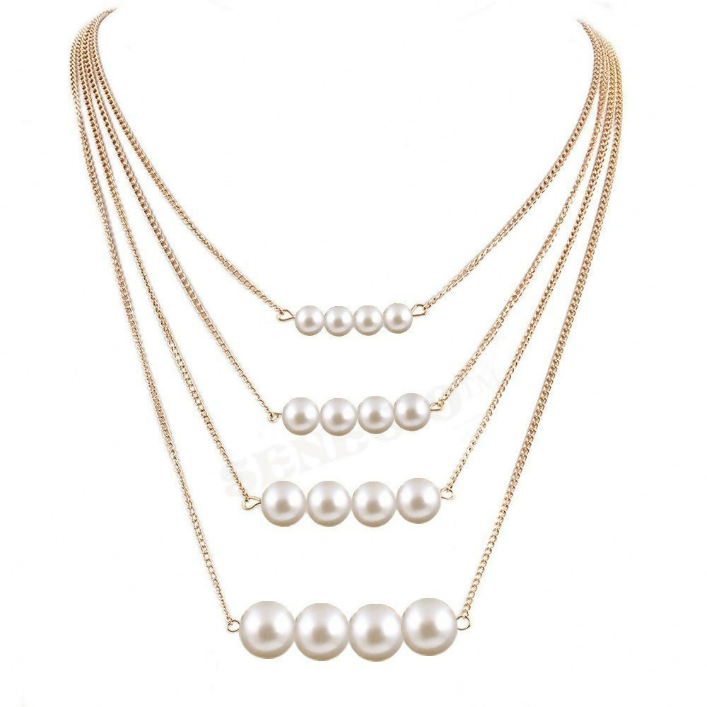 High & Crystal and Five Pearl Layer Necklace Classic & Contemporary Set of 2