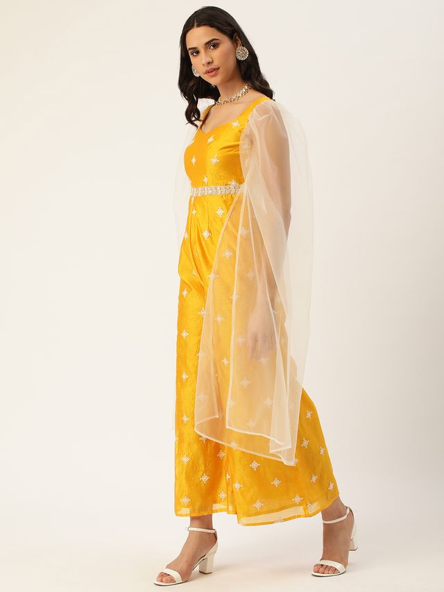 Bollywood Vogue Ready To Wear Yellow Art Silk Embroidered Jumpsuit