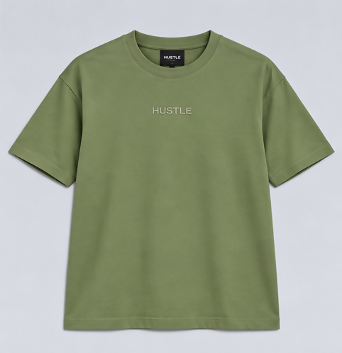 HUSTLE Men's Crew Neck Oversized T-Shirt – Olive Green(Oversized fit)