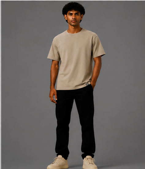 HUSTLE Men's Crew Neck Relaxed Fit T-Shirt – Dull Cream(relax fit)