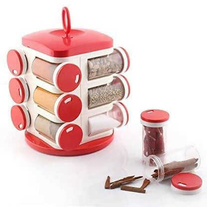 Flossymart Revolving Plastic Spice Rack Multipurpose Storage Set Condiment Masala Rack Set (12 Pieces, Red) - HalfPe