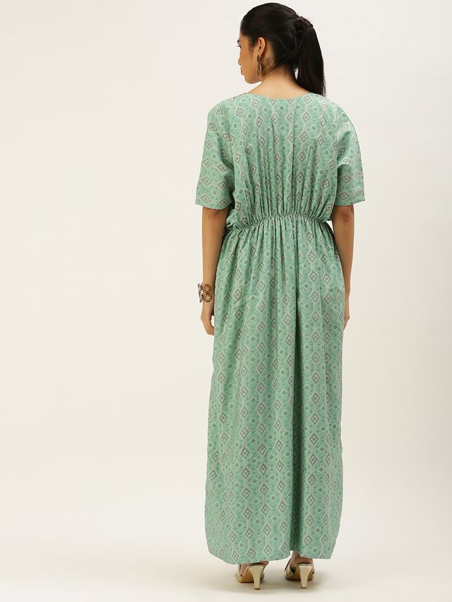 Bollywood Vogue Ready To Wear Blue Modal Satin Print Kaftan Gown