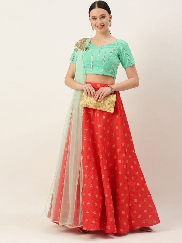 Bollywood Vogue Ready To Wear Red N Green Embroidered Floor Length Lehenga Set