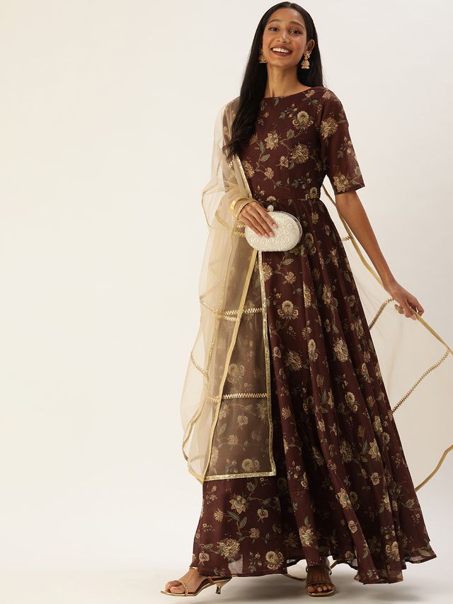 Bollywood Vogue Ready To Wear Maroon Chanderi Floor Length Anarkali Suit
