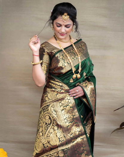 AXONIT Royal Emerald Jacquard Saree with Broad Golden Zari Border & Pallu