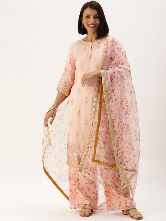 Bollywood Vogue Ready To Wear Pink Jacquard Kurti With Printed Pant N Dupatta