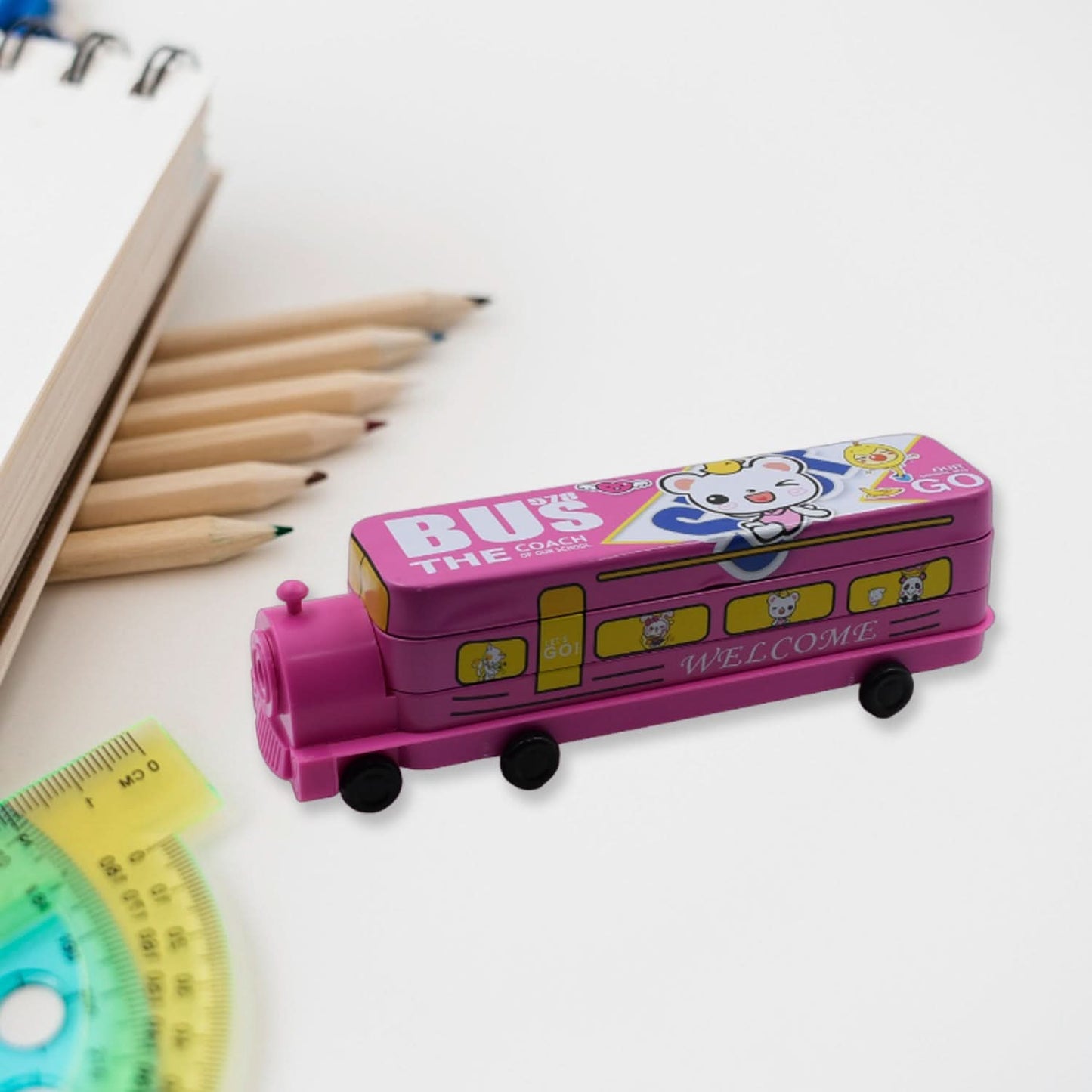 Double Decker Bus Pencil Case – 2-Layer Metal Box with Sharpener