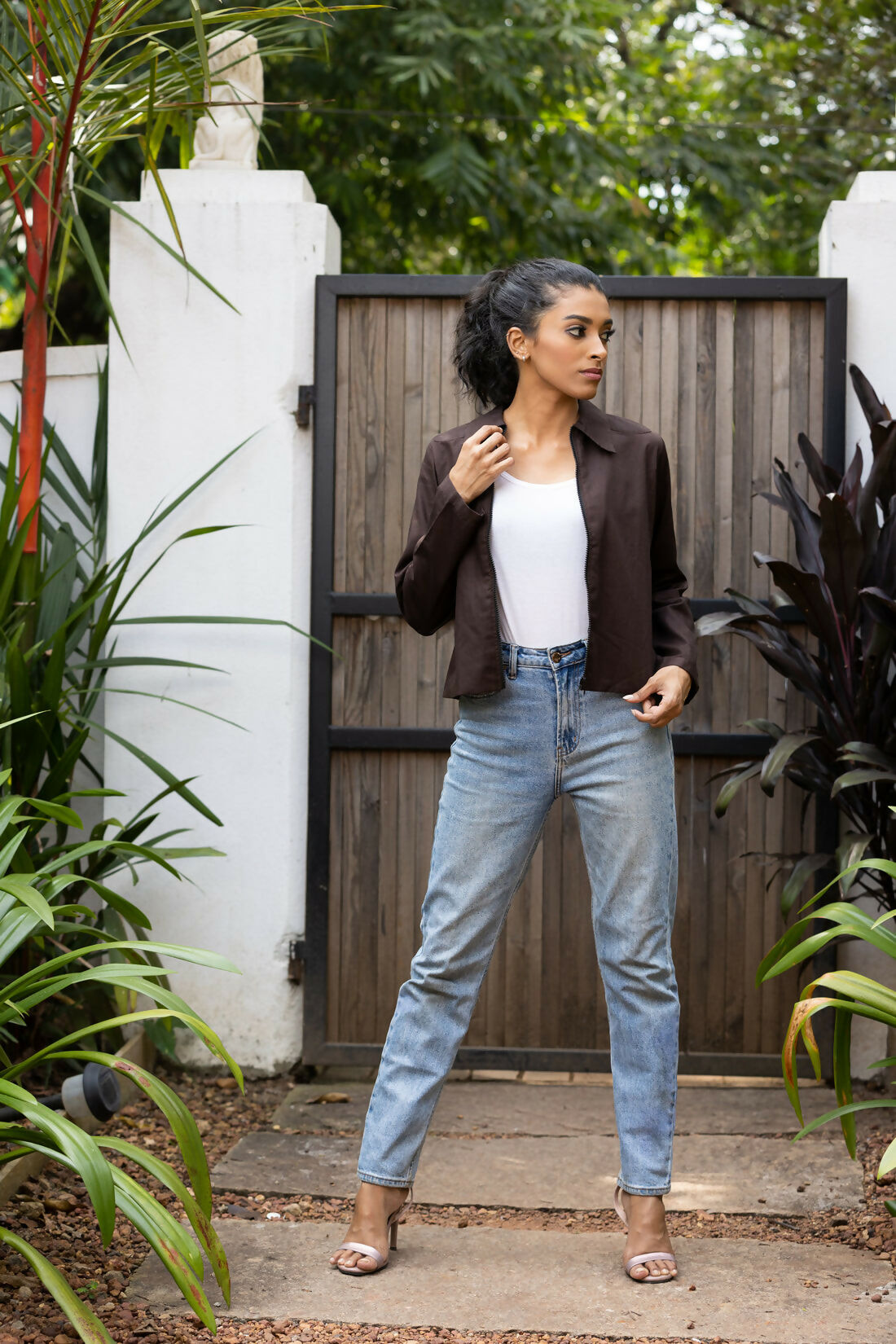 Koko Block Printed Cotton Twill Jacket With Dual Coloured Peacock Motif And Zip Closure Studio Sienna