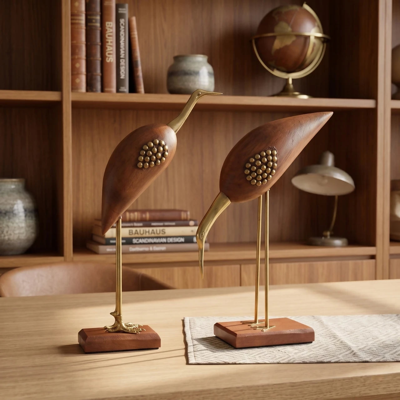 Santarms Handcrafted Wooden & Brass Bird Sculpture Set – Tabletop Home Décor Showpiece, 24 cm, Brown