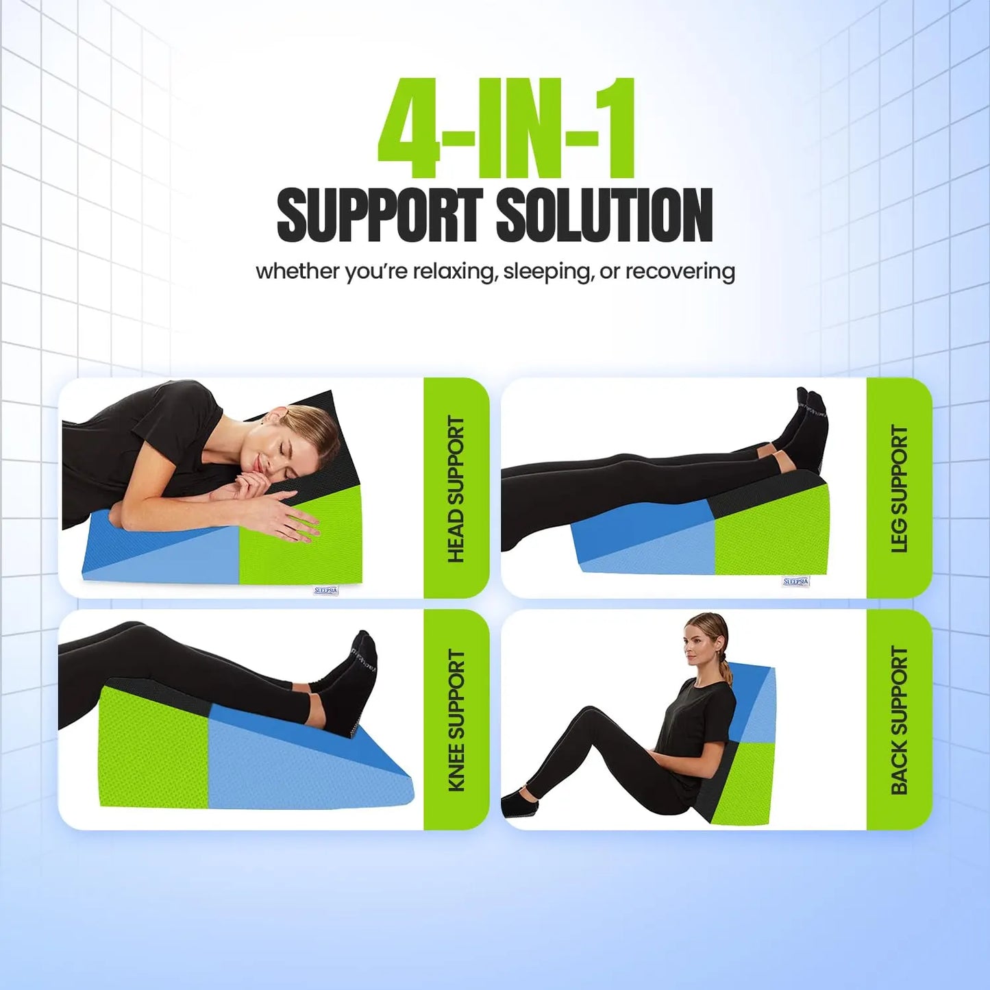 Sleepsia Wedge Pillow for Sleeping | Back Support Orthopedic Memory Foam Wedge Cushion | Back & Leg Support- Green/Black