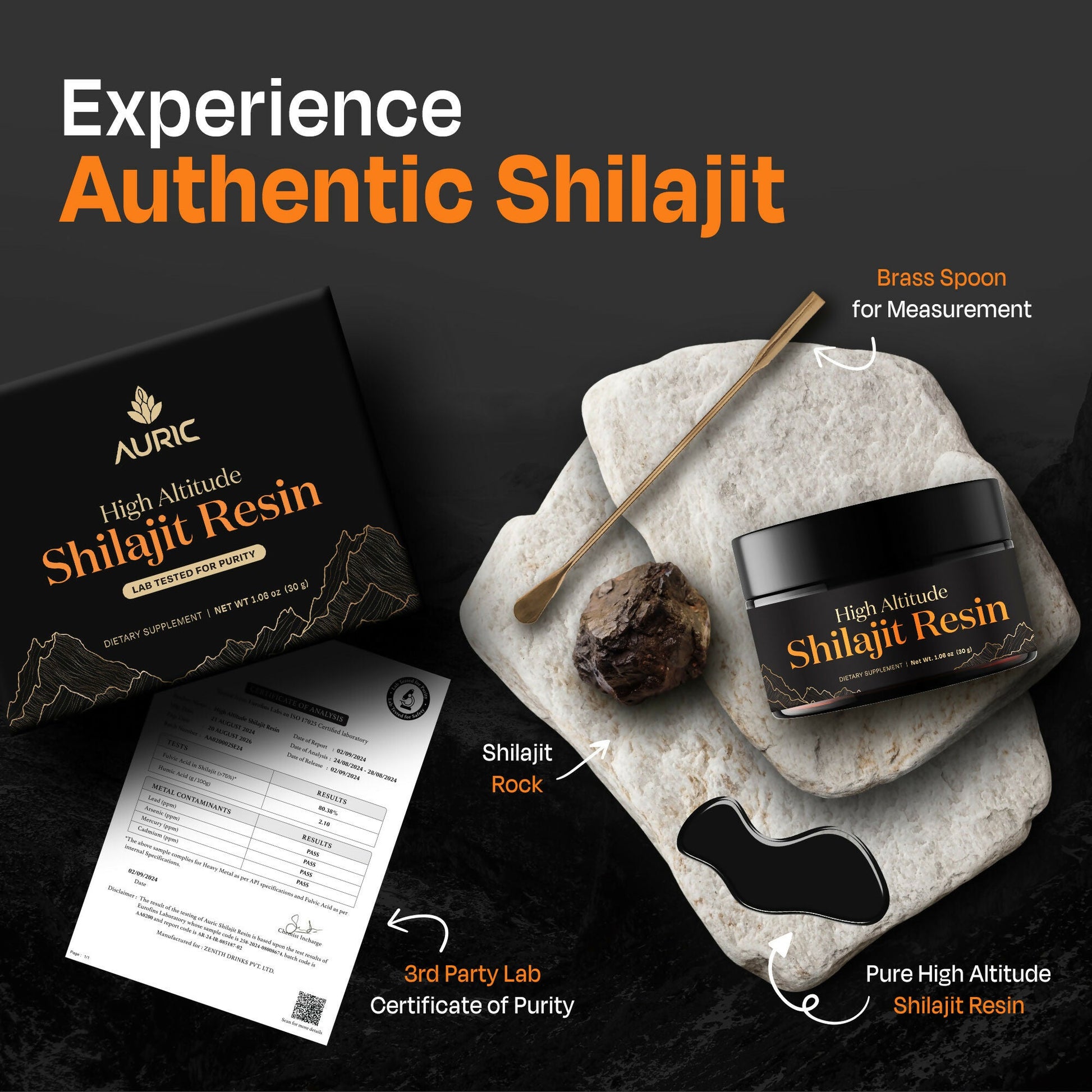 Auric Lab-Certified High-Altitude Shilajit Resin 30g | 75% Fulvic Acid + Humic Acid | 80+ Trace Minerals with Real Brass Spoon Included Zenith Drinks