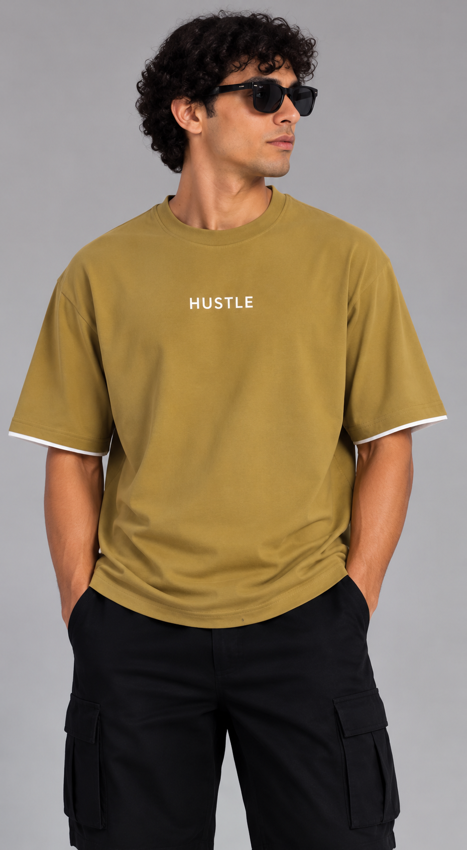 HUSTLE Men's Crew Neck Oversized T-Shirt – Golden Olive