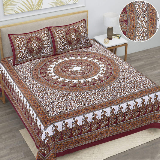 Jaipuri traditional queen size cotton bedsheet with two pillow covers (red and orange designs ) - HalfPe