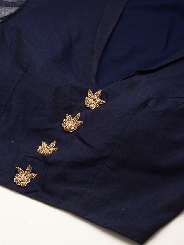 Bollywood Vogue Ready To Wear Peach Jacquard N Navy Blue Art Silk Skirt Set