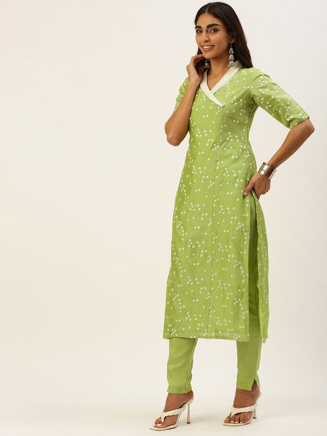 Bollywood Vogue Ready To Wear Green Cotton Foil Printed Narrow Straight Pant Suit