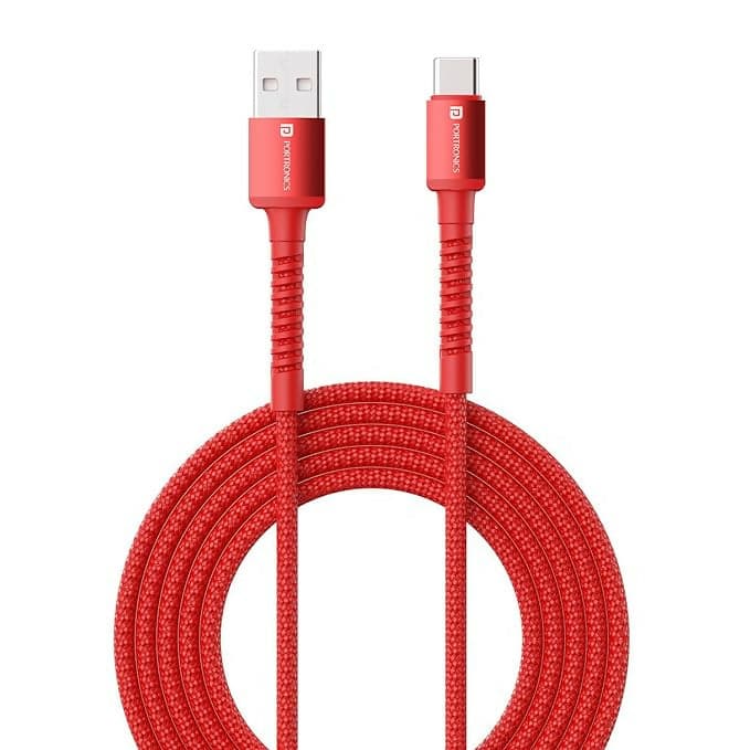 Portronics Konnect X Unbreakable Nylon Braided USB A to Type C Cable with 6Amp Output, Compatible with OnePlus, Oppo, iPhone 15, iPad & other Type C Smartphone & Devices, 2M Length (Red) - HalfPe