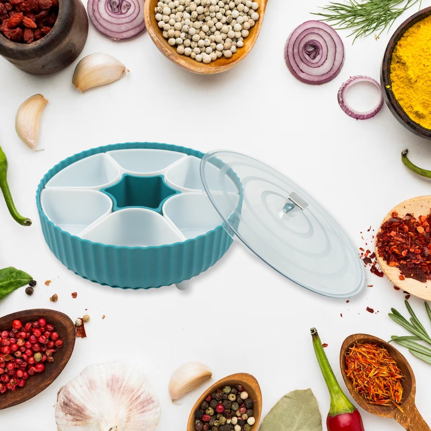 360° Revolving Spice Box  Dry Fruit Box Plastic 7 Compartment Box Suitable For Multipurpose Storage Use Like Dry Fruit  Spices  Pickle  Tea   Sugar Etc Kitchen Use