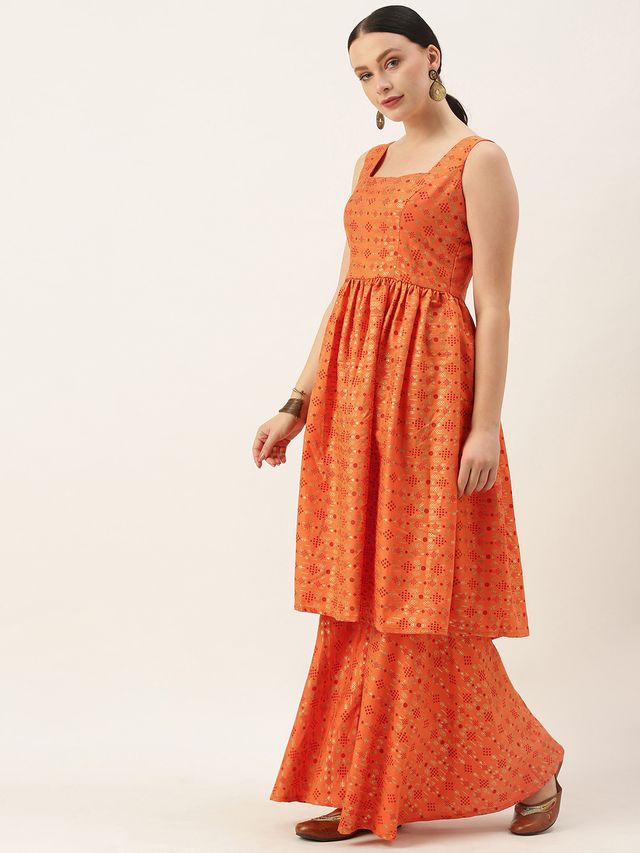 Bollywood Vogue Ready To Wear Orange Printed Kurta N Gharara Set