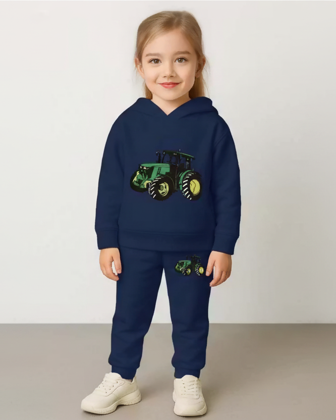 Kids Navy Blue Tractor Print Hoodie & Jogger Set Luck Fashion