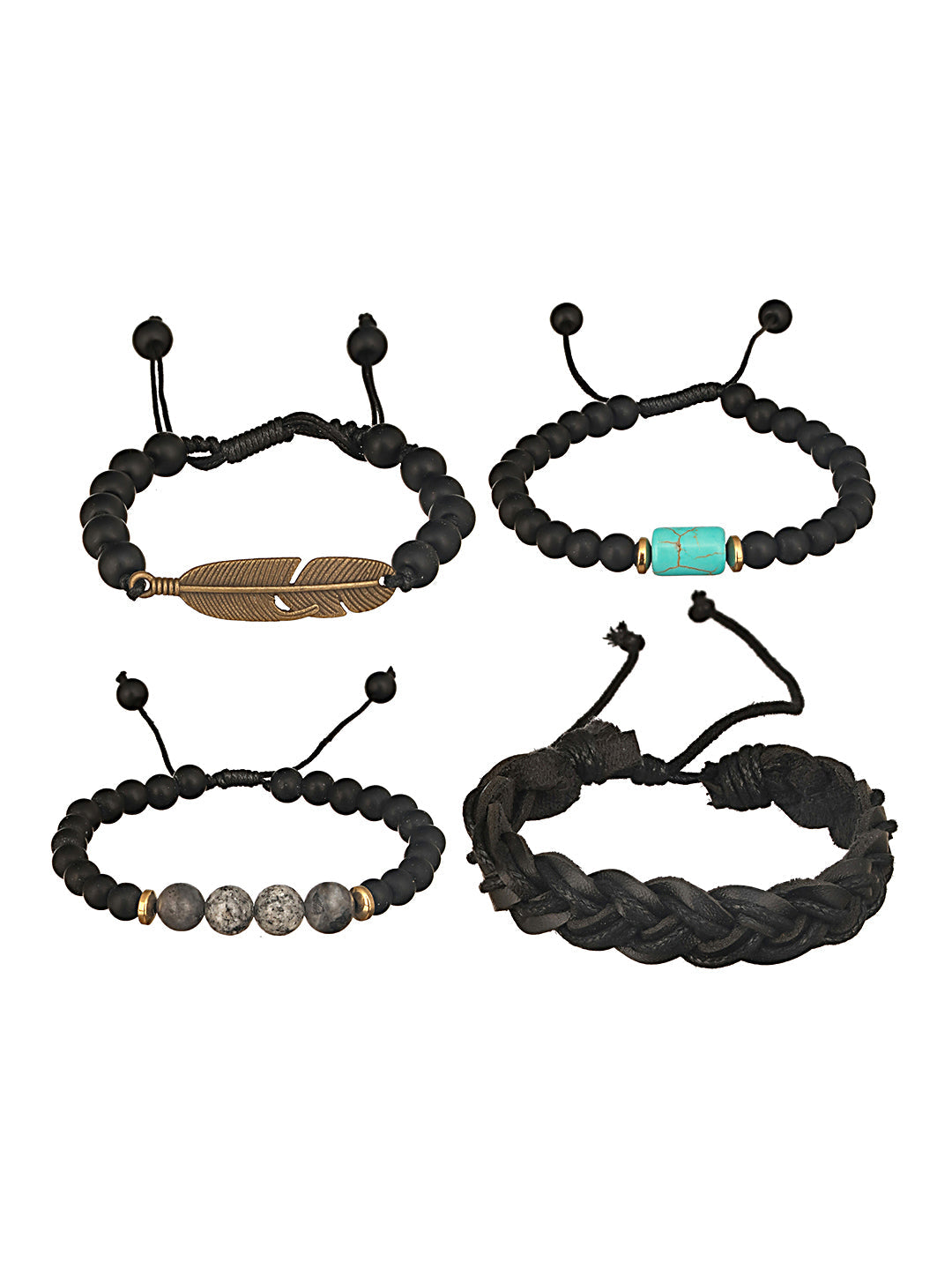 Jazz And Sizzle Men Set of 4 Black Blue Beaded Elasticated & Leather Wraparound Bracelet
