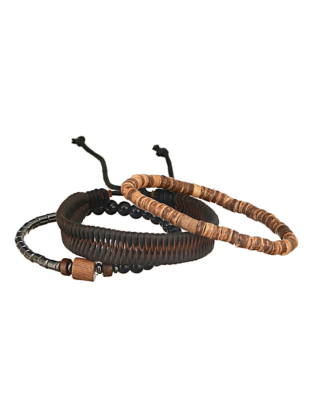 Jazz And Sizzle Men Set of 3 Brown Beaded & Coffee Brown Leather  Bracelet