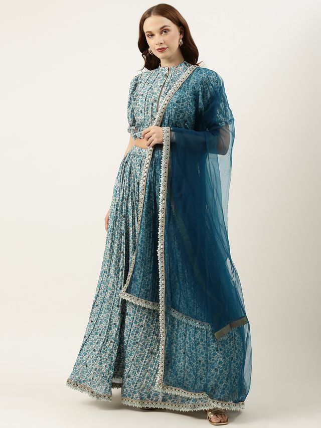 Bollywood Vogue Ready To Wear Blue Chinon Printed N Embroidered Lehenga Set