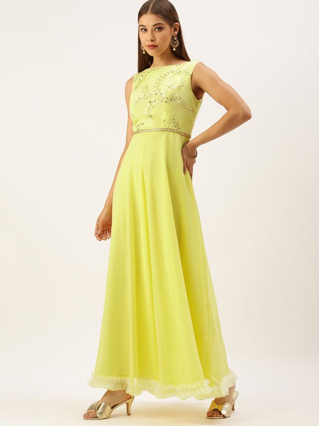 Bollywood Vogue Ready To Wear Yellow Embroidered Boat Neck Gown
