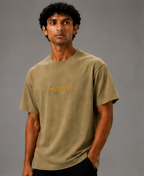 HUSTLE Men's Oversized Fit Crew Neck T-Shirt – Light Olive Khaki(Oversized fit)