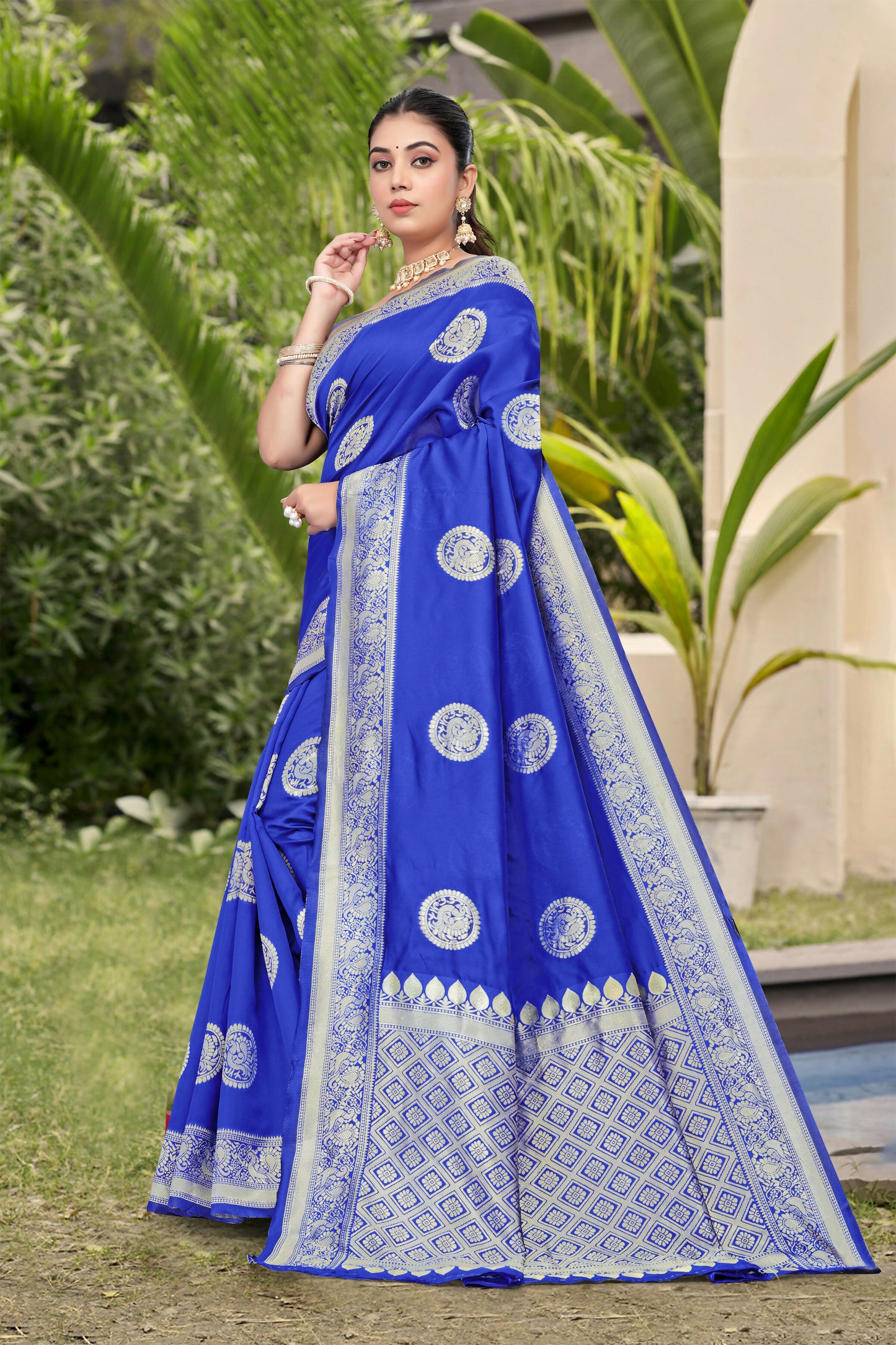 AXONIT Classic Royal Blue Banarasi Silk Saree with Silver Zari Border