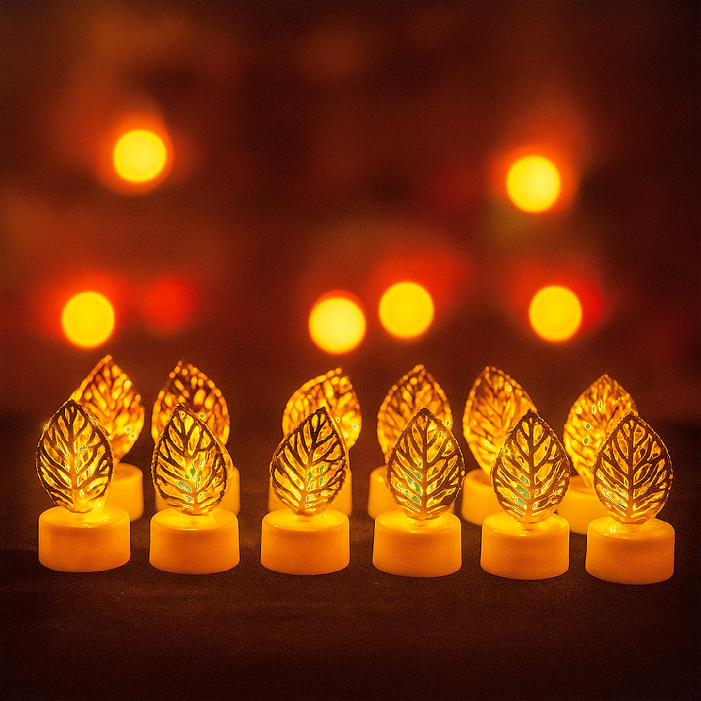 Set of 12 Decorative Golden Leaf Shaped Flameless LED Candles – Flickering Light for Home Décor(12 Pc)