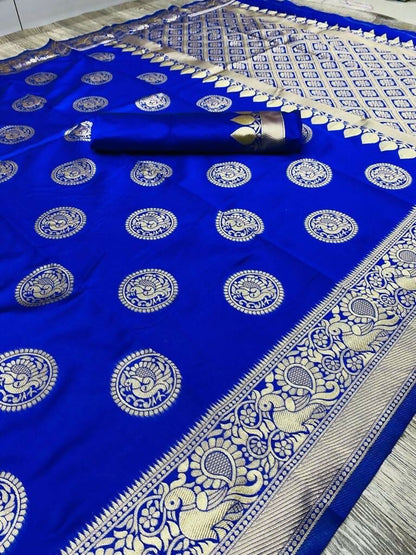 AXONIT Classic Royal Blue Banarasi Silk Saree with Silver Zari Border