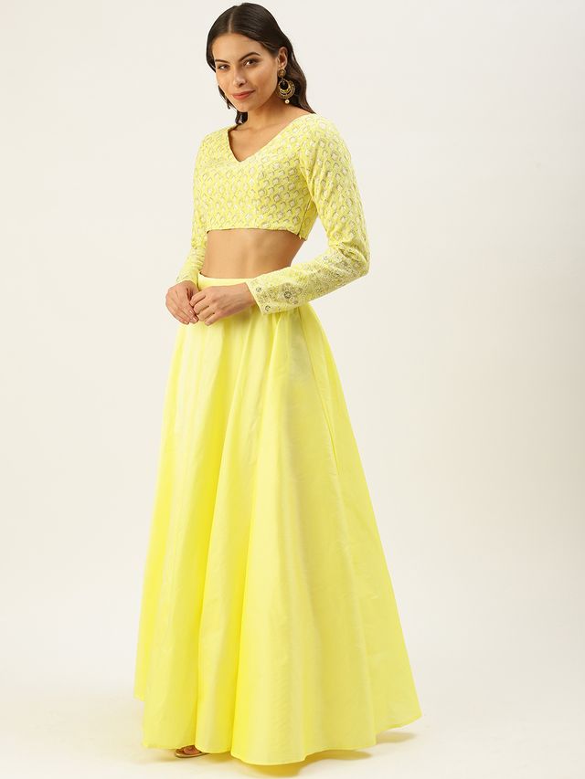 Bollywood Vogue Ready To Wear Lemon Yellow Embroidered Low V Neck Lehenga Set