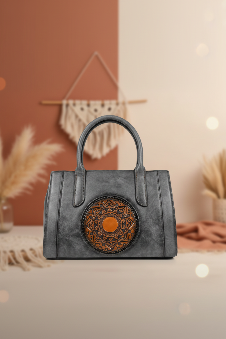 Elegant Grey Mandala Embossed Handbag – Boho Chic Tote with Crossbody Strap RAYORA ENTERPRISE
