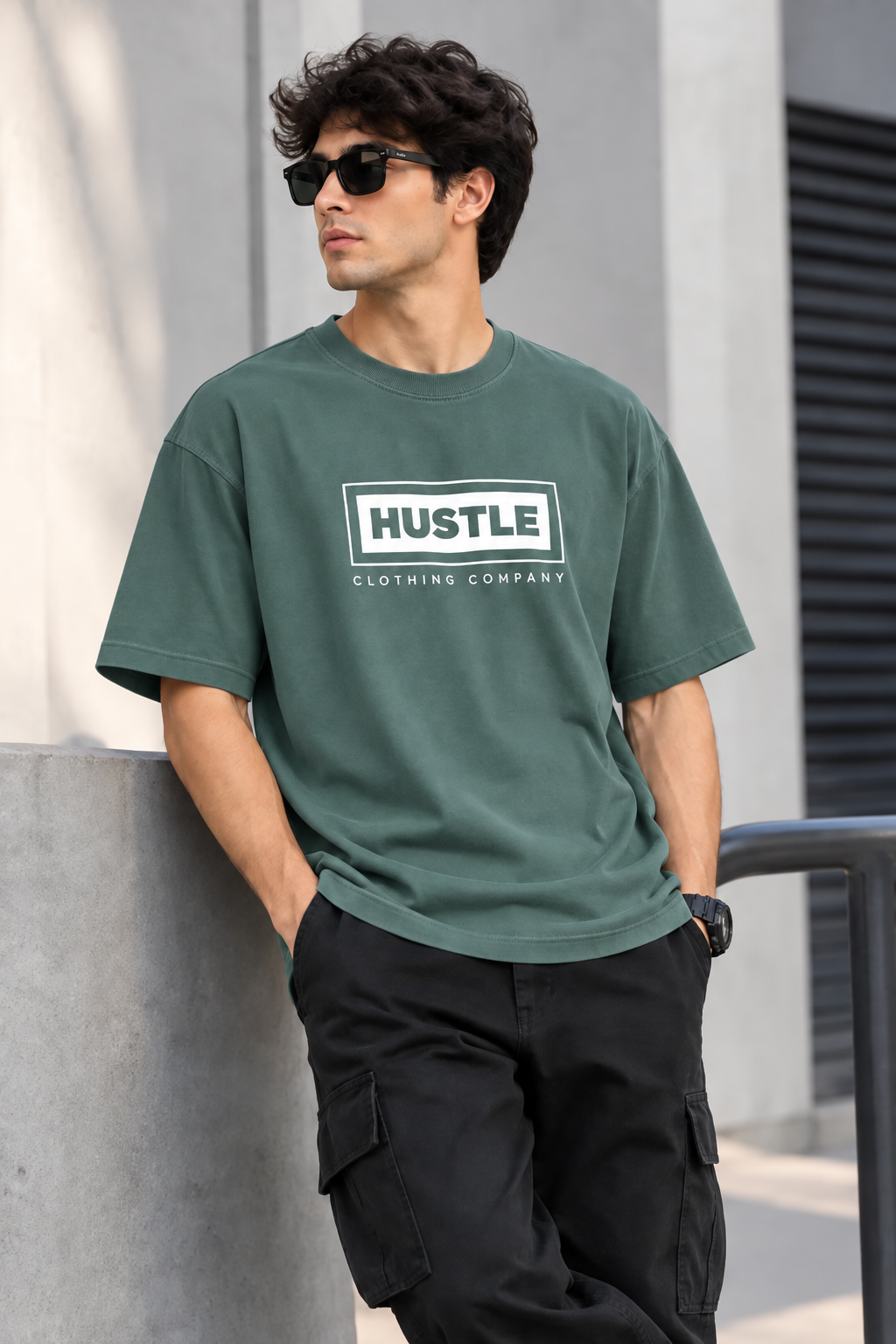 Men's Oversized Hustle Graphic T-Shirt – Slate Blue Relaxed Fit Cotton Tee