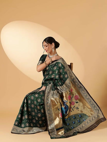 AXONIT Jacquard Silk Saree – Golden Zari Peacock Design, Festive Wear