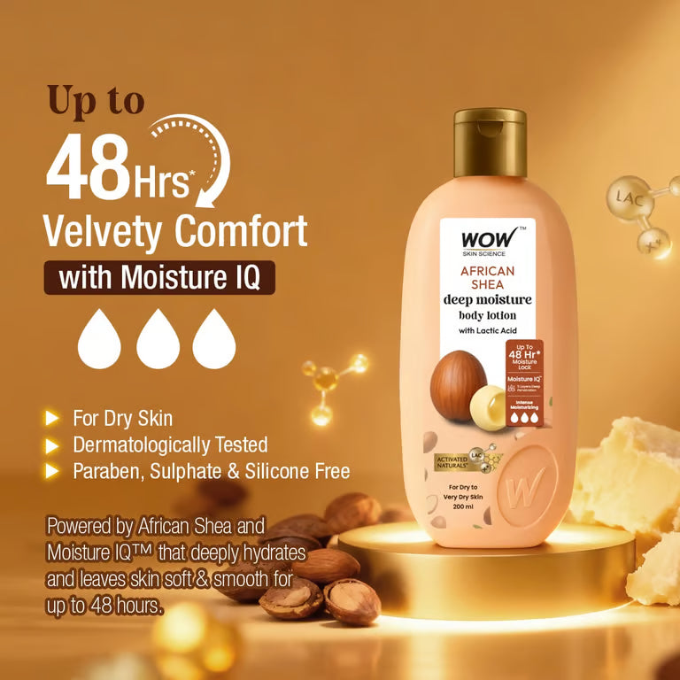 WOW Skin Science African Shea Butter Body Lotion with Lactic Acid for Deep Hydration and 48 Hours Moisturization for Dry and Rough Skin 200ml