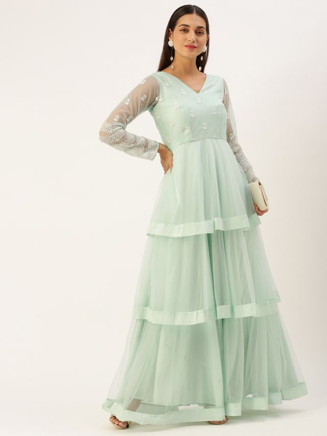 Bollywood Vogue Ready To Wear Light Sea Green Net Embroidered Gown