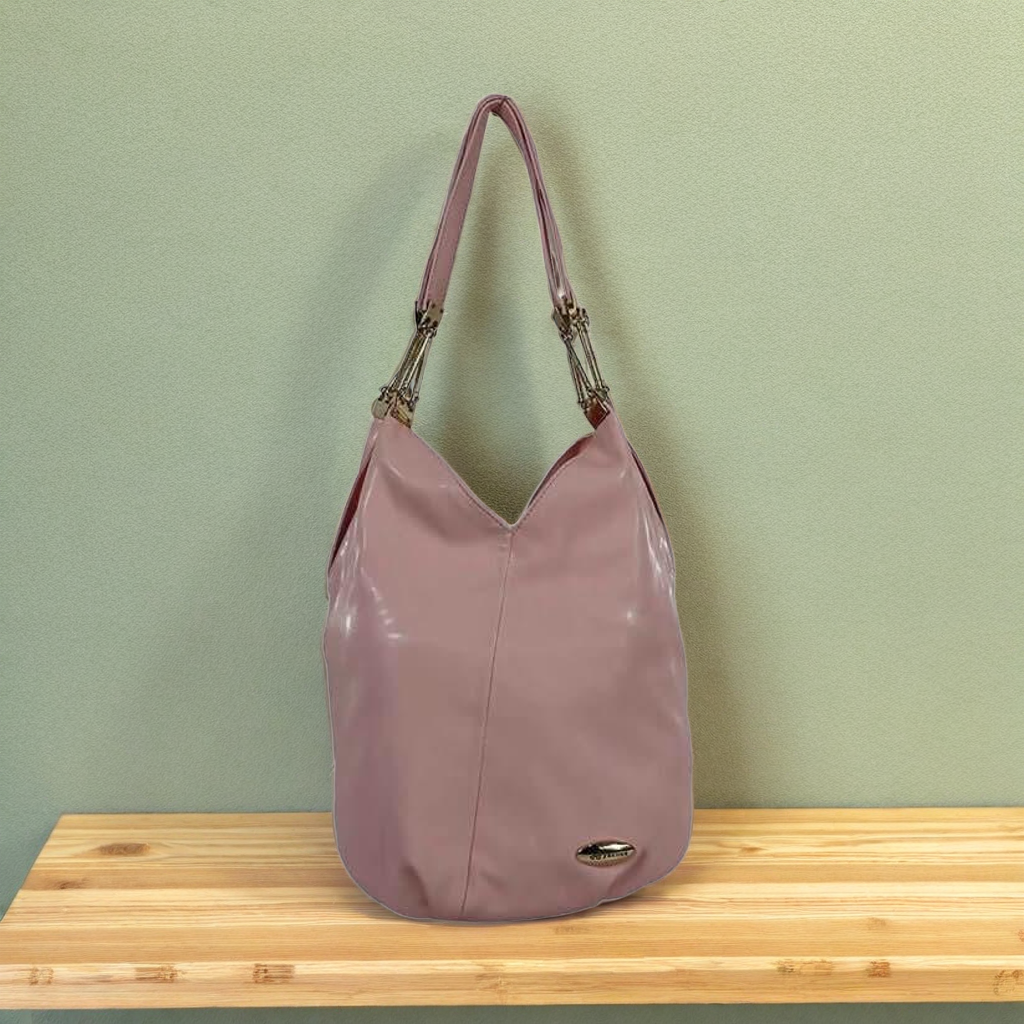 Blush Pink Glossy Hobo Bag with Gold Handle – Soft & Stylish