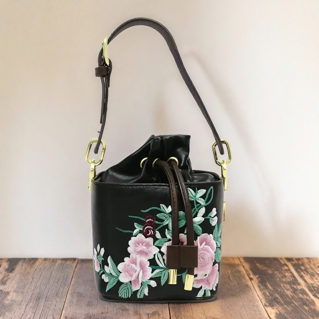 Floral Embroidered Charcoal Bucket Bag with Drawstring Closure