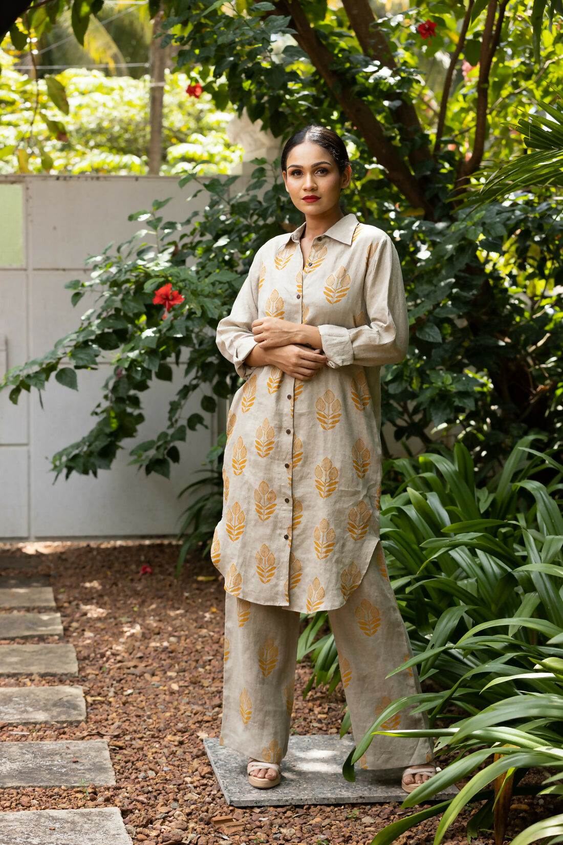 Maple Comfortable Linen Hand Printed Mustard Shirt Dress With Full Sleeves Studio Sienna