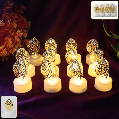 Set of 12 Decorative Golden Leaf Shaped Flameless LED Candles – Flickering Light for Home Décor(12 Pc)