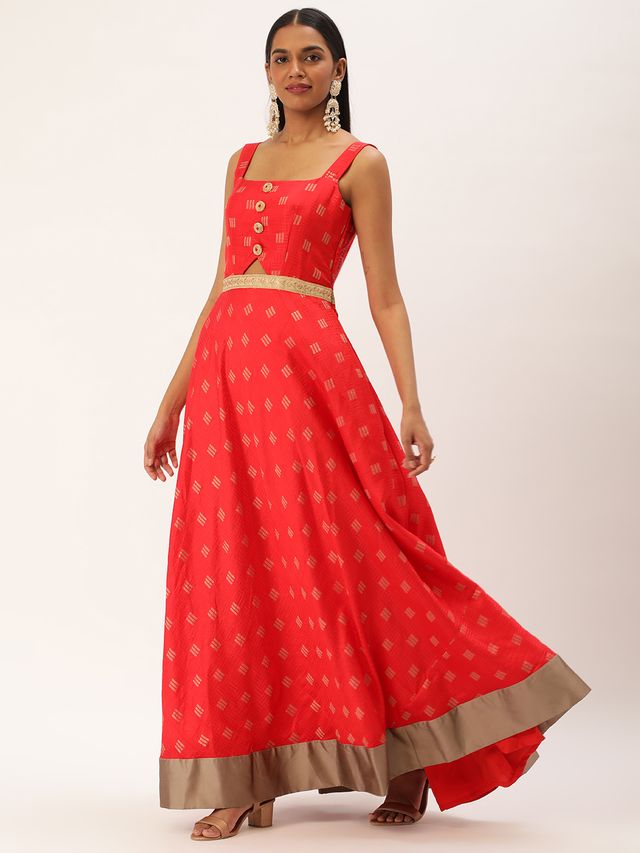 Bollywood Vogue Ready To Wear Red Art Silk Strap Neck Style Maxi Dress