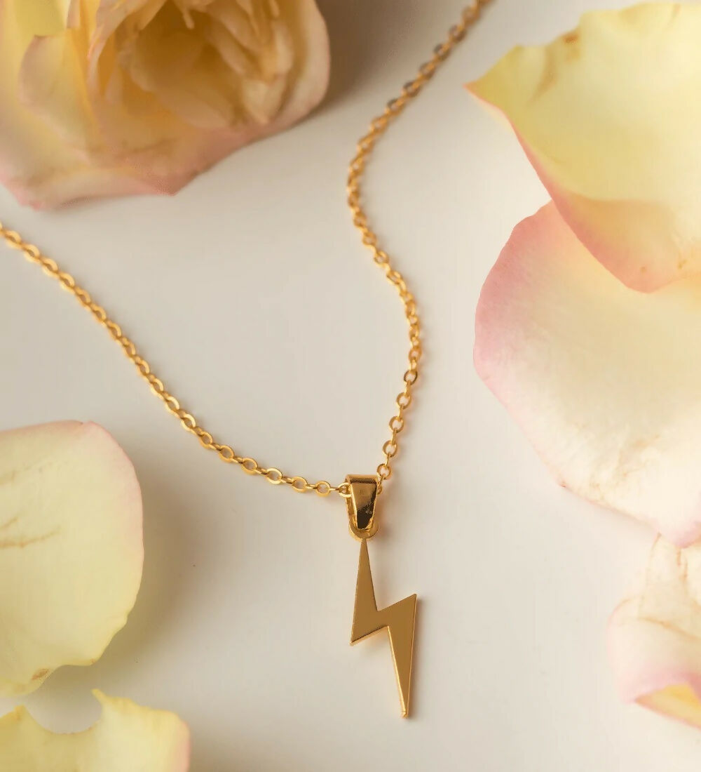 Minimalist Gold-Tone Necklace Set with Lightning Bolt Pendant & Delicate Chain (Set of 2)