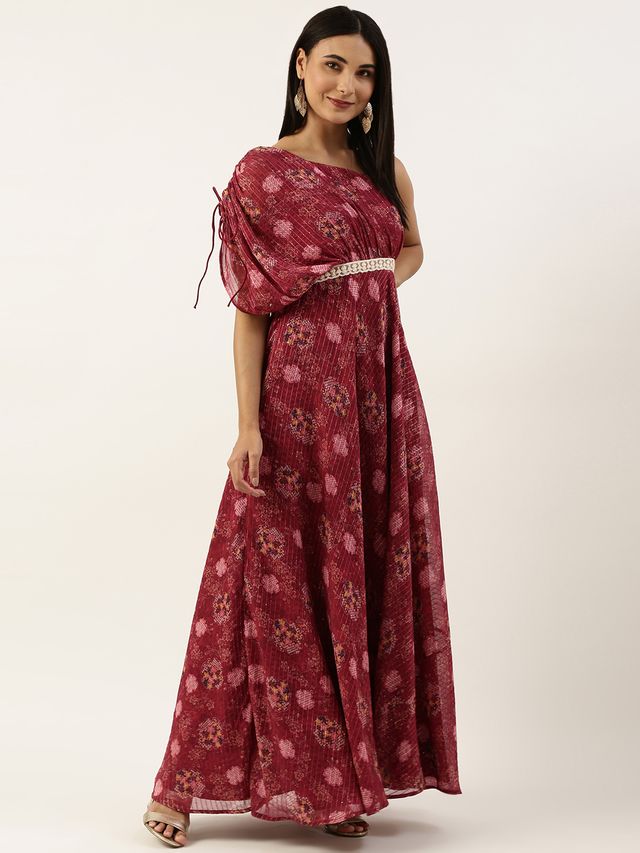 Bollywood Vogue Ready To Wear Wine Georgette One Shoulder Style Gown