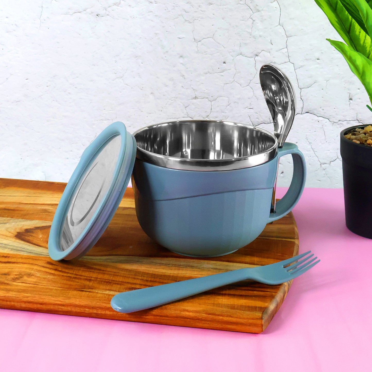 Apex Insulated Stainless Steel Hot-X-Bowl with Airtight Lid, Outer PP Layer, and Integrated Spoon/Fork Set (Approx 700 Ml)