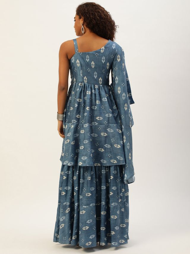 Bollywood Vogue Ready To Wear Blue Art Silk Digital Printed Gown